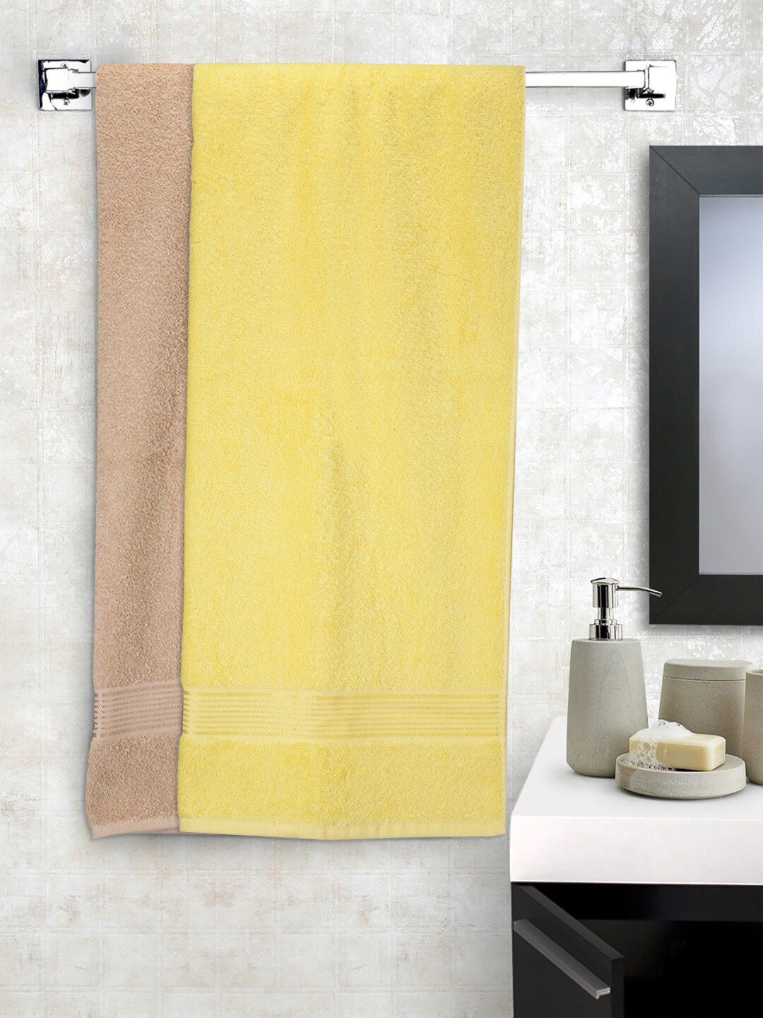 BIANCA Yellow & Beige Set Of 2 Solid Super Absorbent 380 GSM Cotton Bath Towels Price in India
