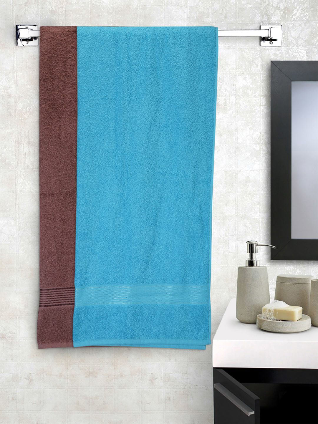 BIANCA Blue & Brown Set Of 2 Solid 380 GSM Cotton Bath Towels Price in India