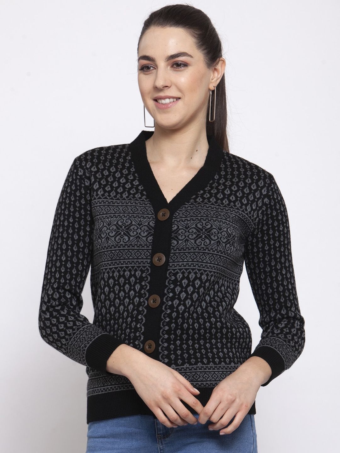 Kalt Women Black Printed Cardigan Sweater Price in India