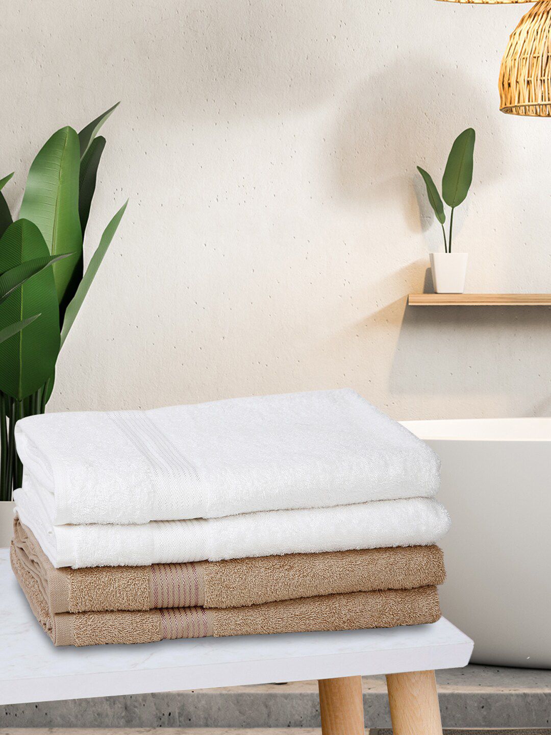 BIANCA White & Taupe Set Of 4 Solid Super Absorbent 380 GSM Cotton Bath Towels Price in India