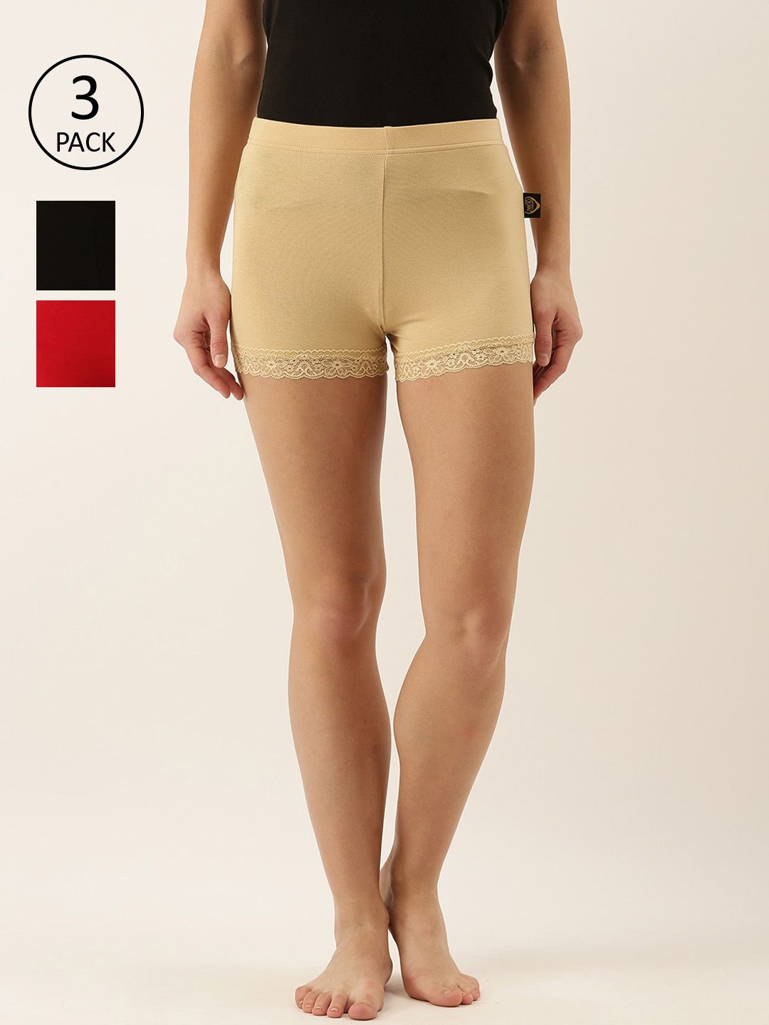 zebu Women Pack of 3 Red & Beige Solid Lounge Shorts Price in India