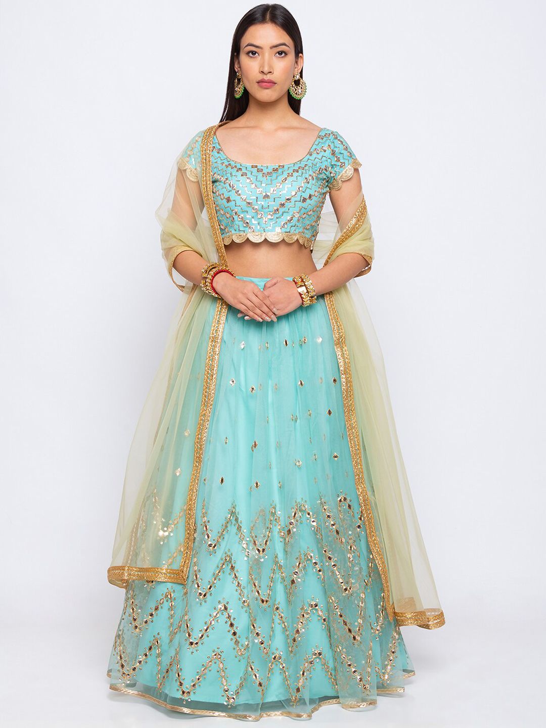 6Y COLLECTIVE Turquoise Blue & Gold-Toned Semi-stitched Lehenga-unstitched blouse &dupatta Price in India