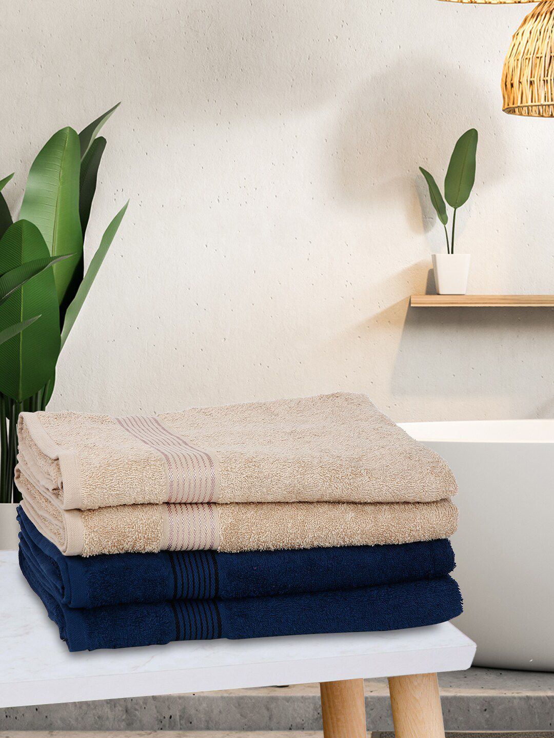 BIANCA Set Of 4 Beige & Navy Blue Solid Super Absorbent 380 GSM Cotton Bath Towels Price in India