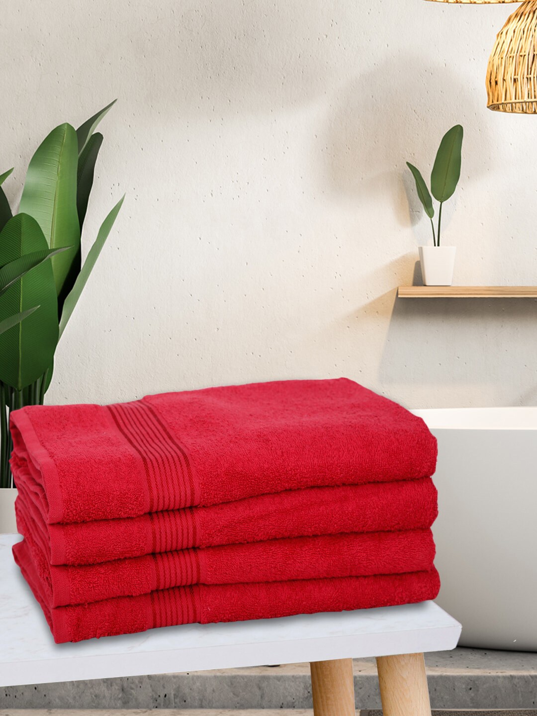 BIANCA Set Of 4 Red Solid Super Absorbent 380 GSM Cotton Bath Towels Price in India