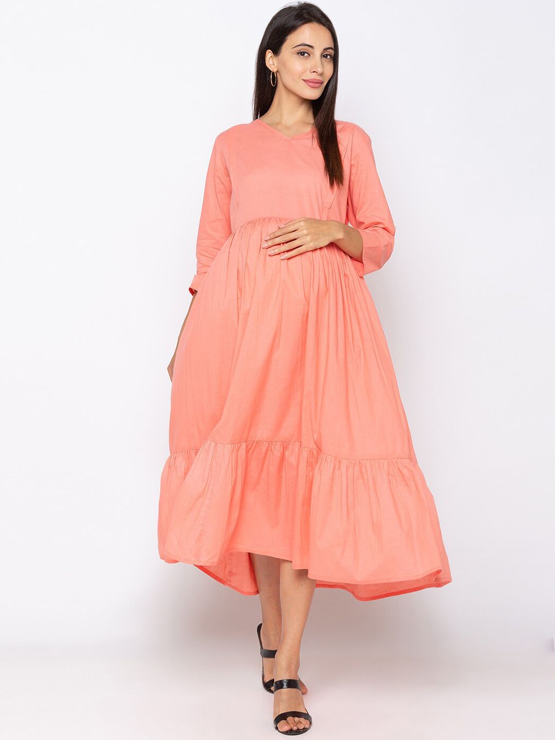 MomToBe Women Peach-Coloured Solid Fit and Flare Maternity Dress