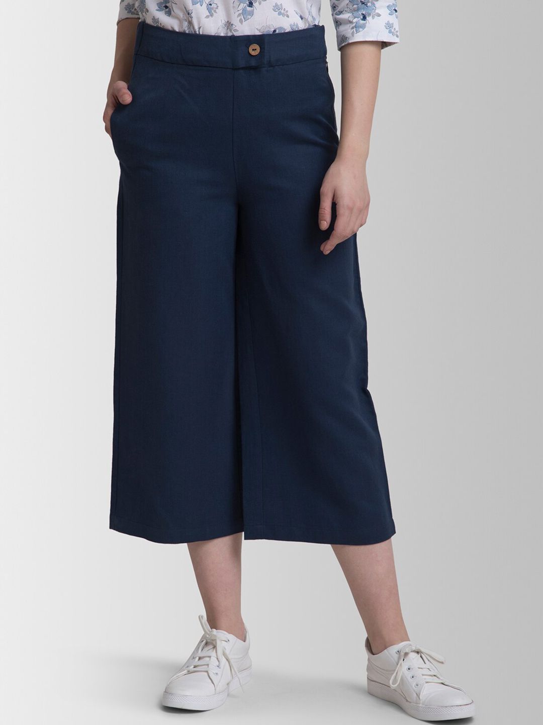FableStreet Women Navy Blue Flared Solid Culottes Price in India