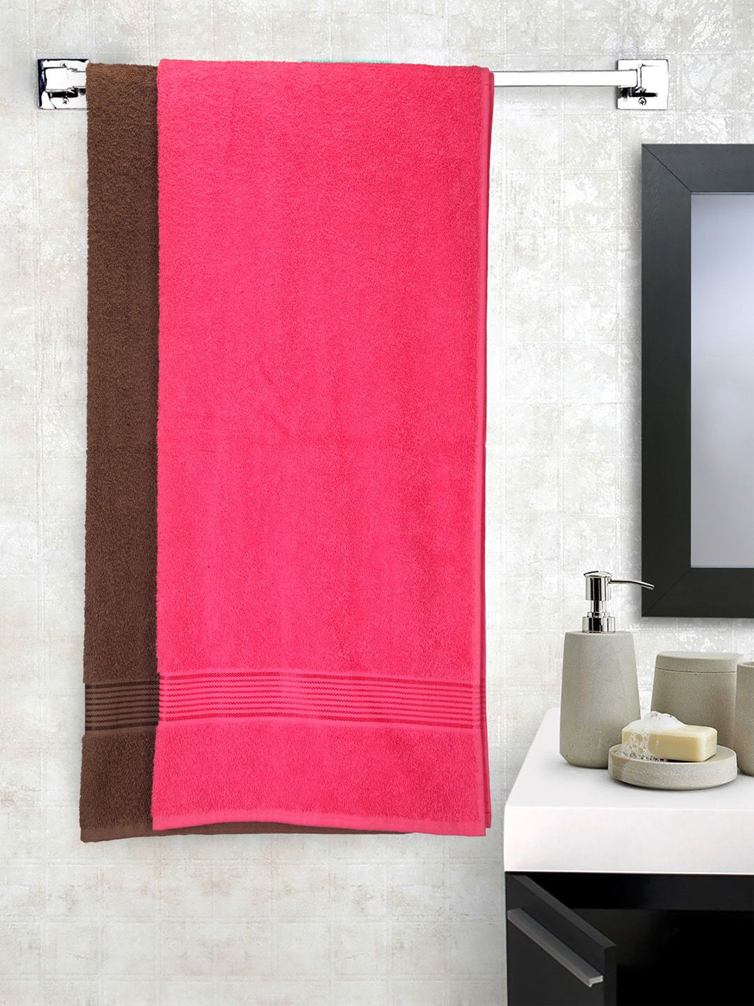 BIANCA Set Of 2 Pink & Brown Solid Super Absorbent 380 GSM Cotton Bath Towels Price in India