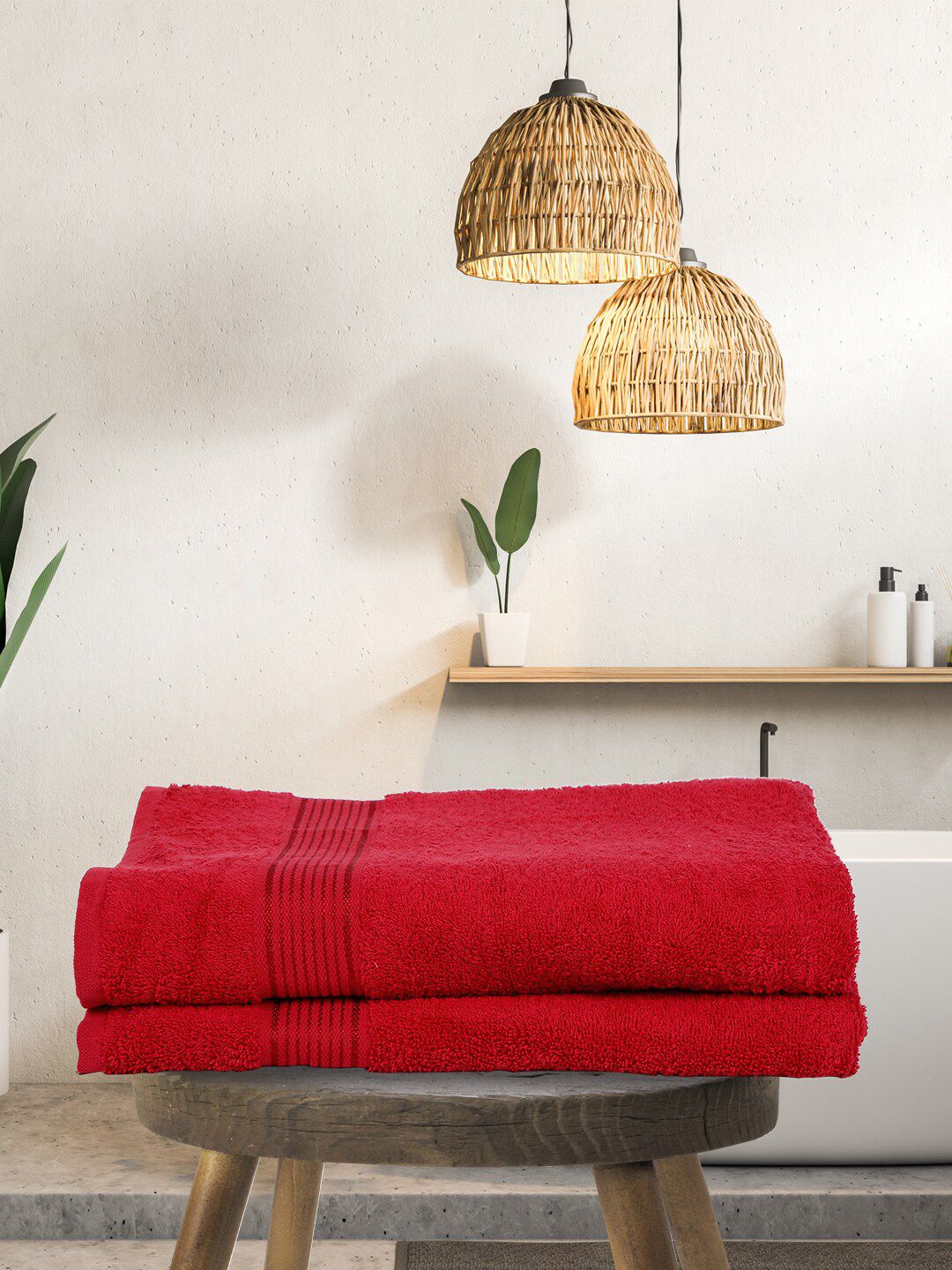 BIANCA Red Set Of 2 Solid Super Absorbent 380 GSM Cotton Bath Towels Price in India