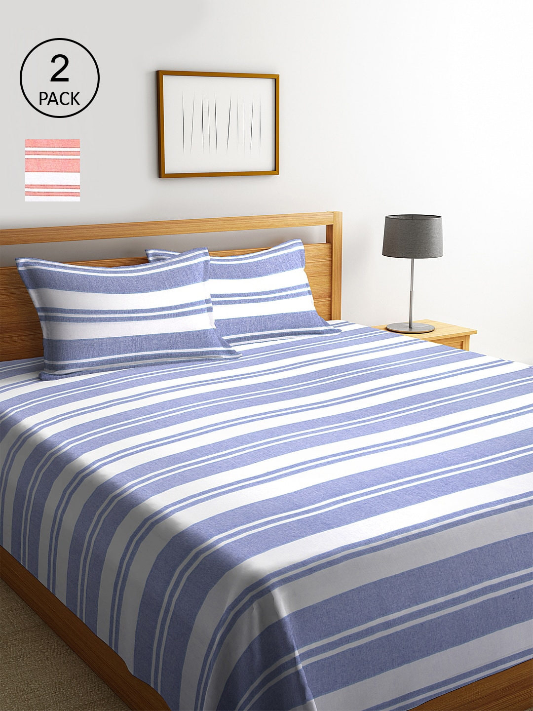 KLOTTHE Set Of 2 Striped Double Bed Covers With 4 Pillow Covers Price in India