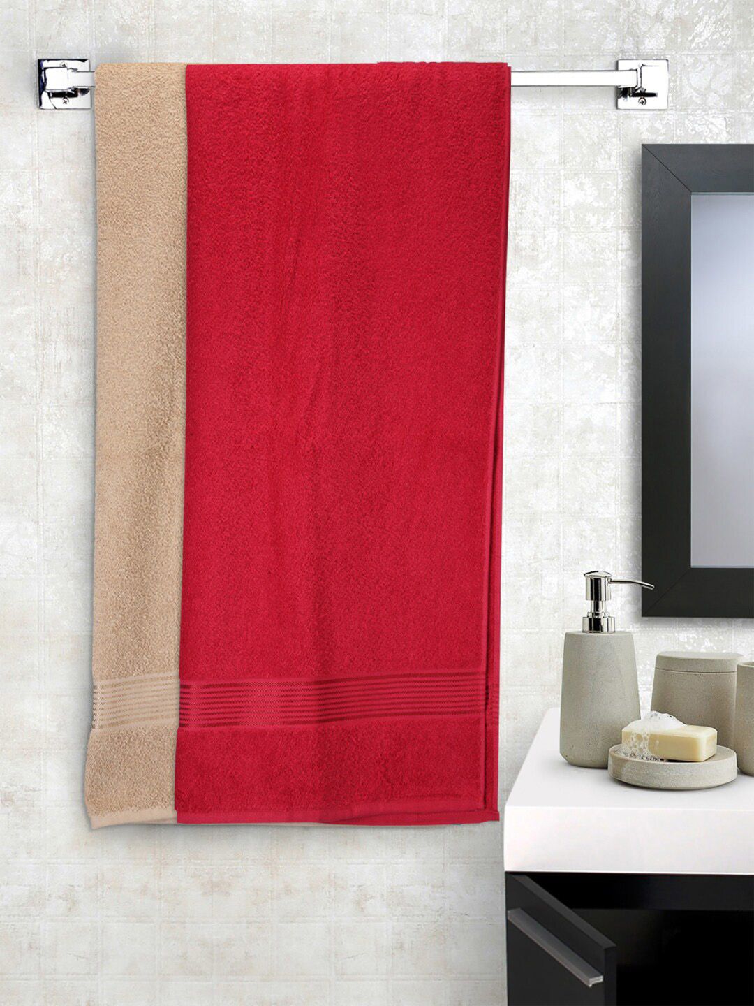 BIANCA Red & Beige Set Of 2 Solid Super Absorbent 380 GSM Cotton Bath Towels Price in India