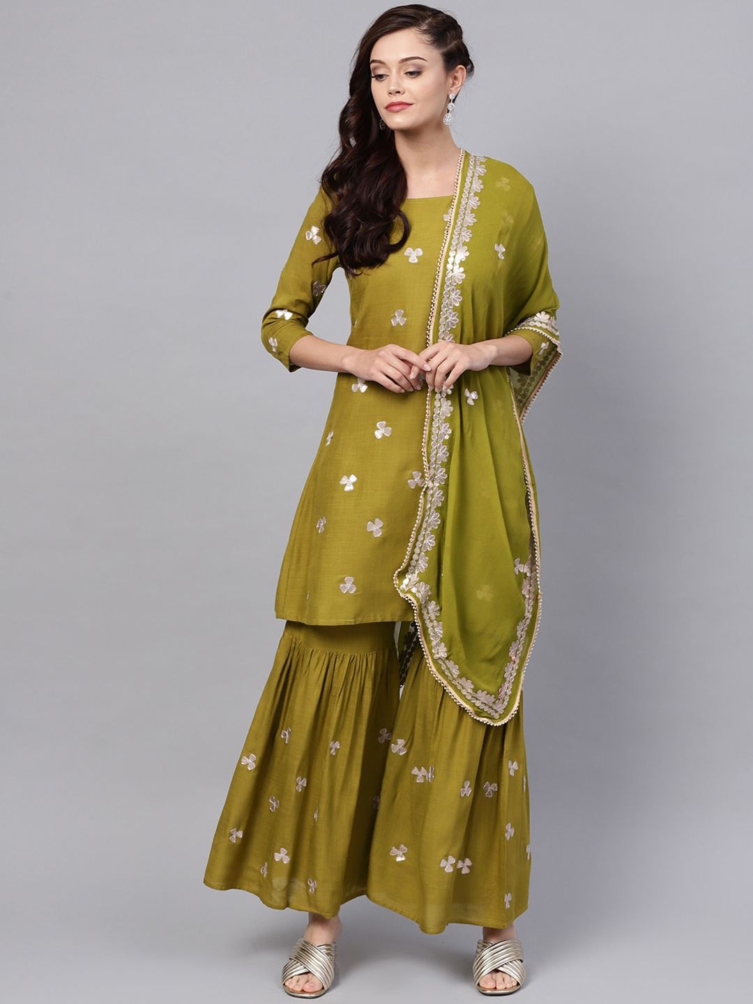 Ishin Women Green & Off-White Embroidered Kurta with Sharara & Dupatta Price in India