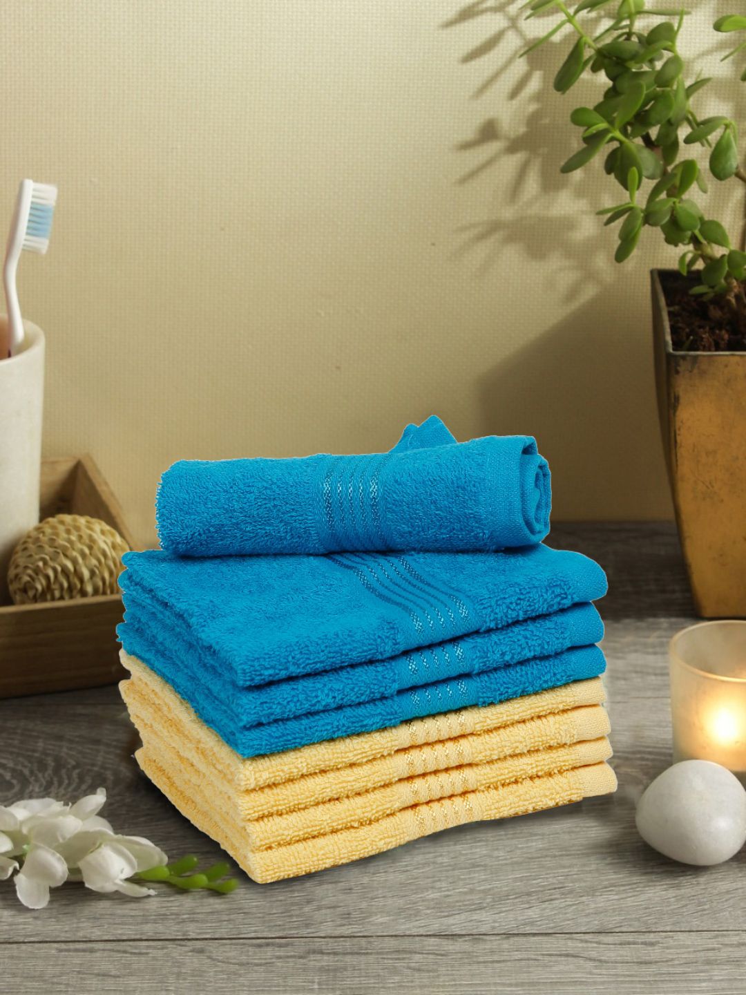 BIANCA Turquoise Blue & Yellow Set Of 8 Solid Super Absorbent 380 GSM Cotton Face Towels Price in India