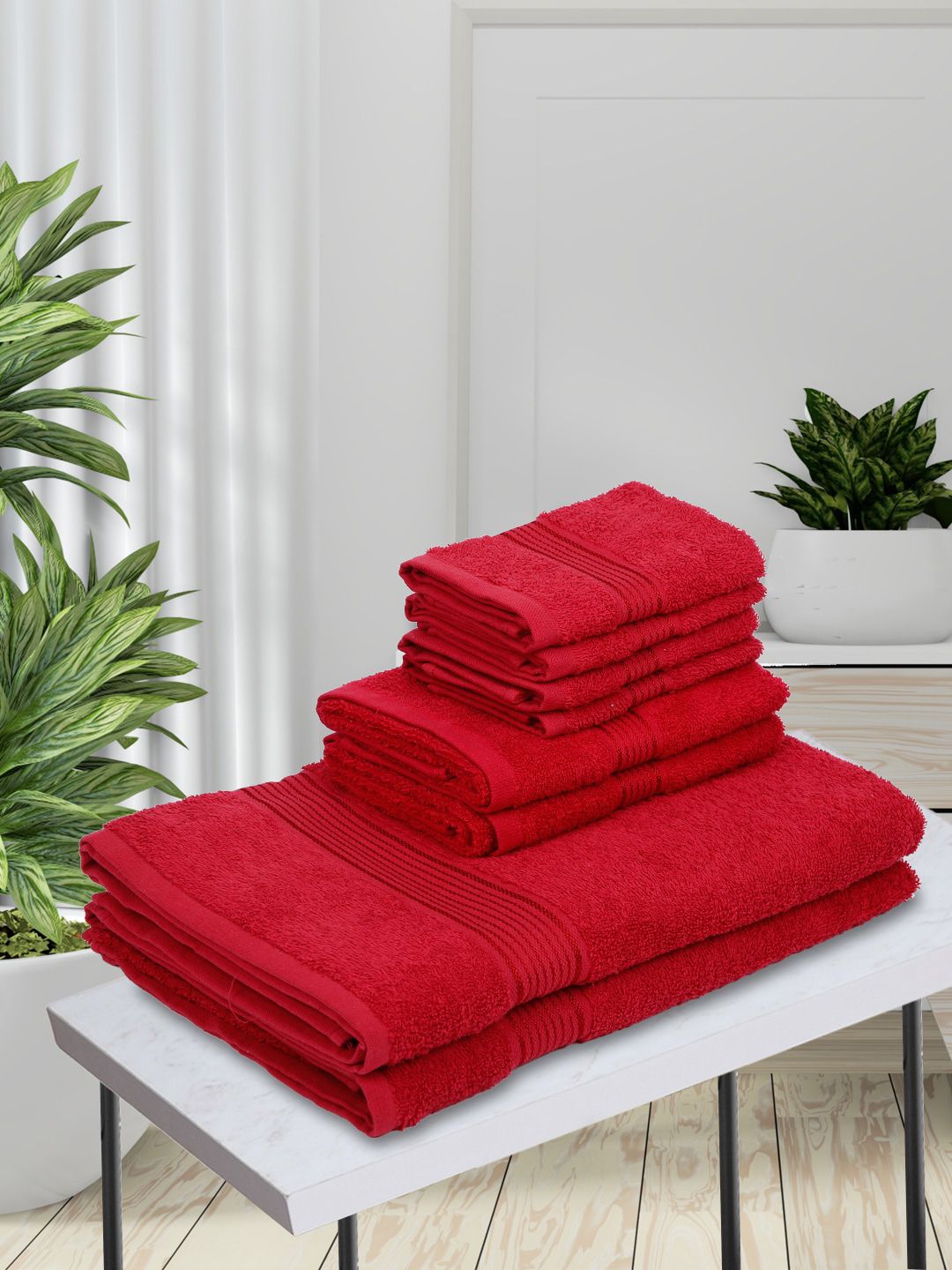 BIANCA Unisex Set Of 8 Red Solid 380 GSM Towel Set Price in India
