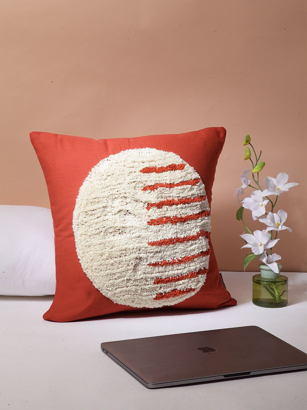 BLANC9 Red & Cream-Coloured Set of Single Self Design Square Cushion Covers Price in India