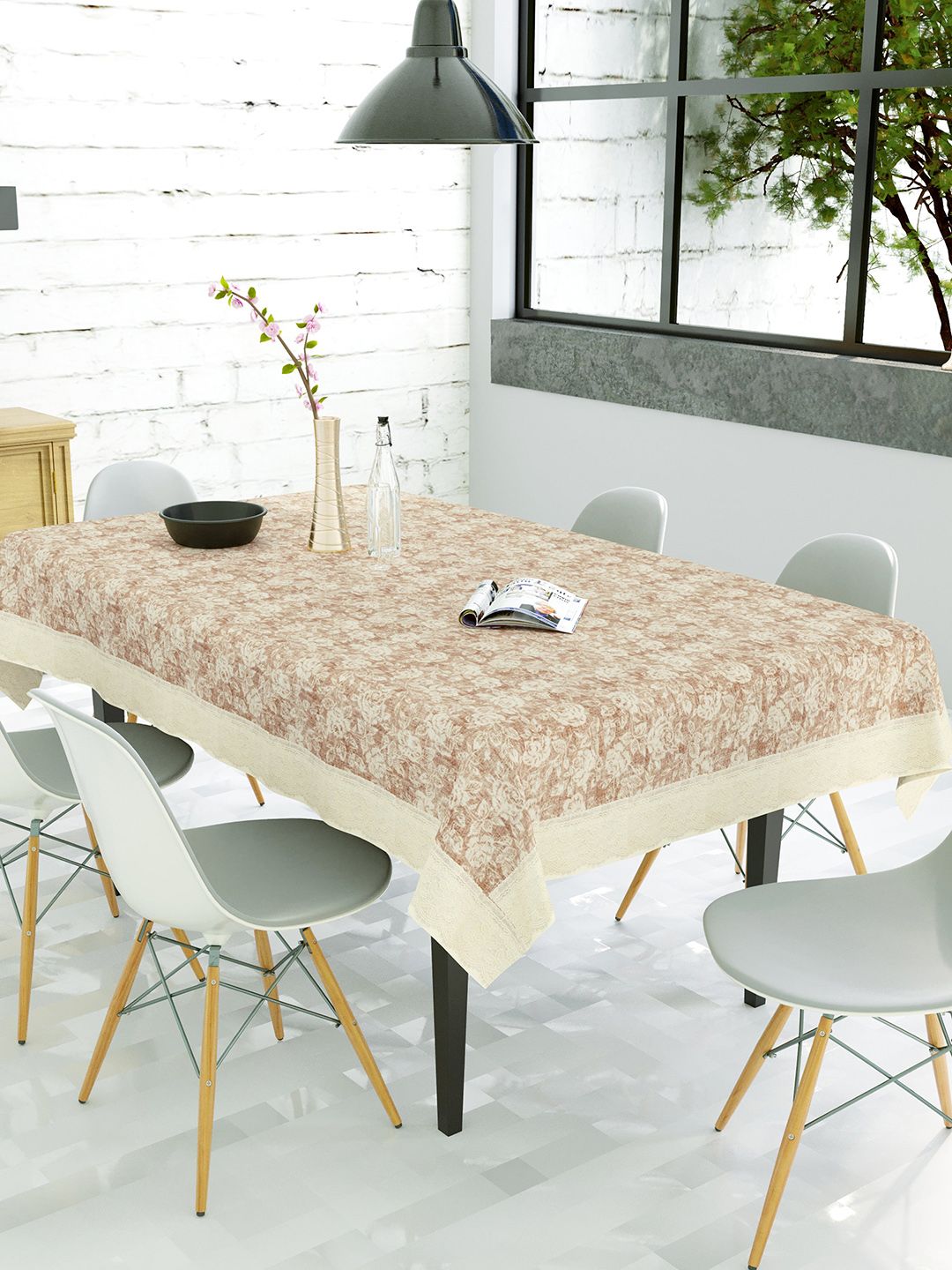 Clasiko Off-White & Brown Printed Rectangular Table Cover Price in India