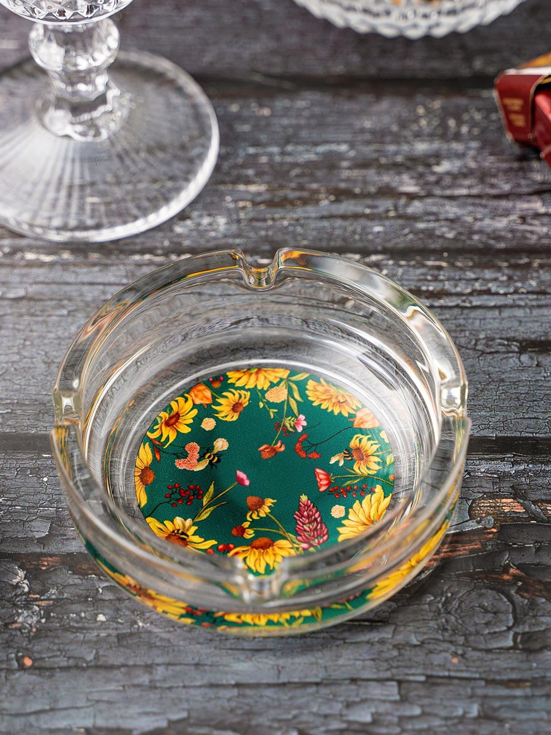 KOLOROBIA Transparent & Green Floral Printed Bliss Glass Ashtray Price in India