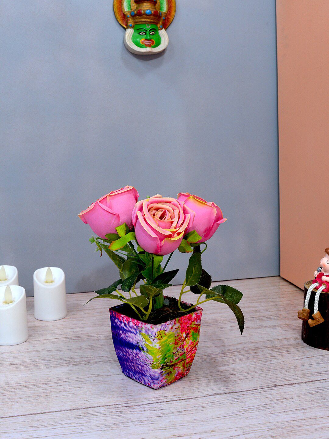 fancy mart Pink & Green Artificial Rose Flower With Pot Price in India
