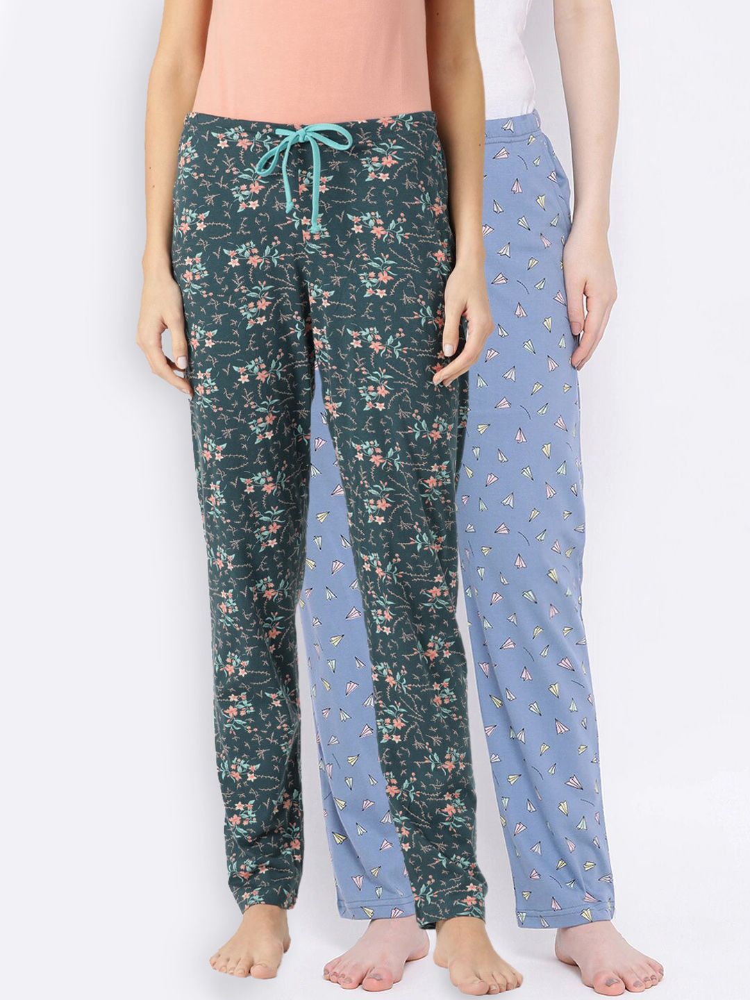 Kanvin Women Green & Blue Pack Of 2 Printed Cotton Lounge Pants Price in India