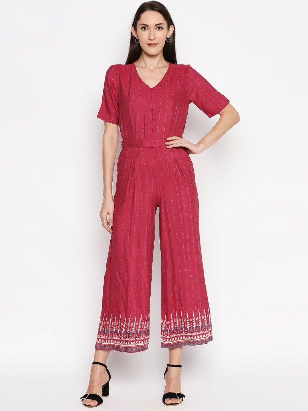 People Women Red & Navy Blue Printed Basic Jumpsuit Price in India