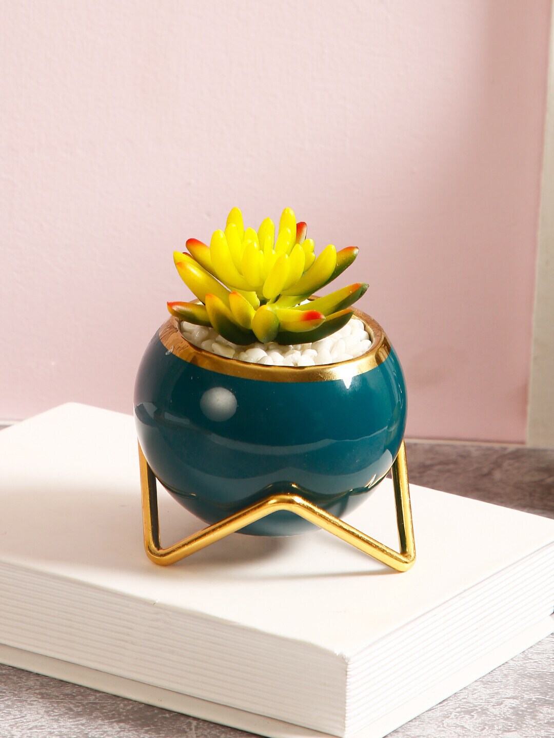 TAYHAA Green & Yellow Artificial Succulant Plant With Pot & Stand Price in India