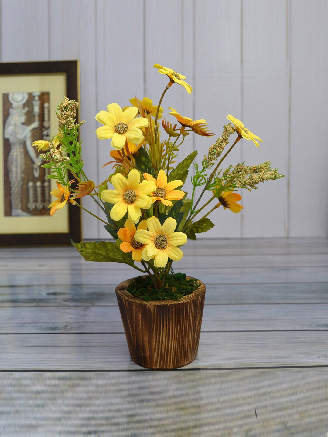 fancy mart Yellow & Brown Artificial Flower Daisy In Wood Pot Price in India