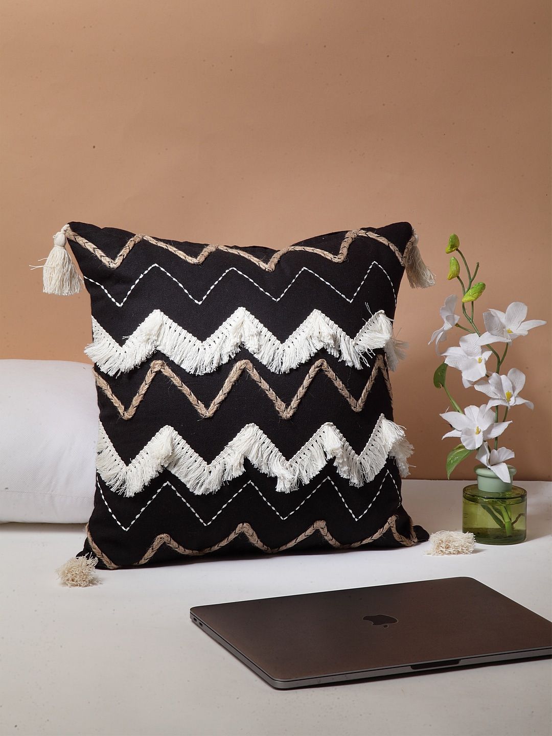 BLANC9 Black & White Single Embroidered Square Cushion Covers Price in India