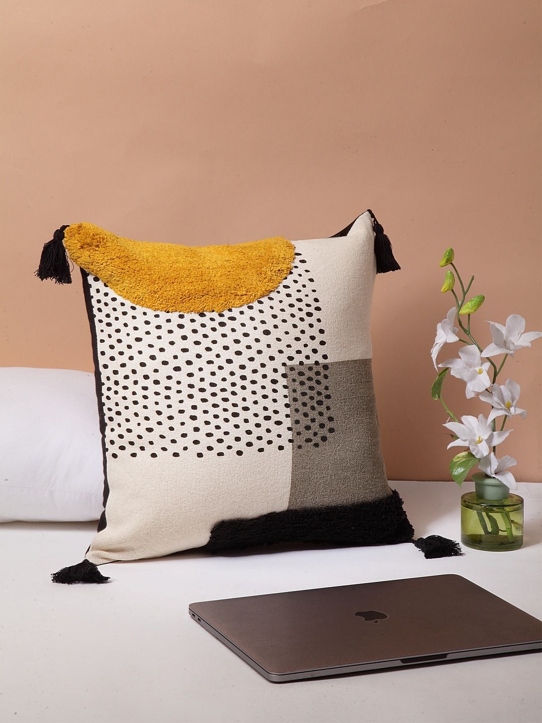 BLANC9 White & Black Single Self Design Square Cushion Covers Price in India