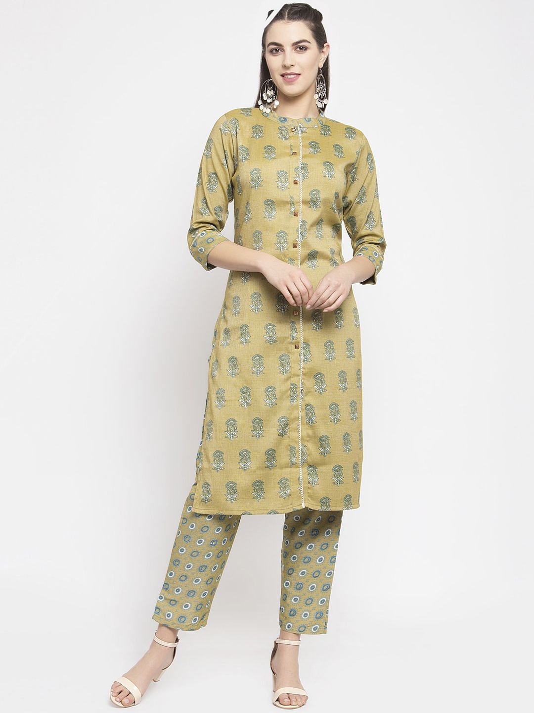 KHALOM Women Olive Green & White Printed Kurta with Trousers