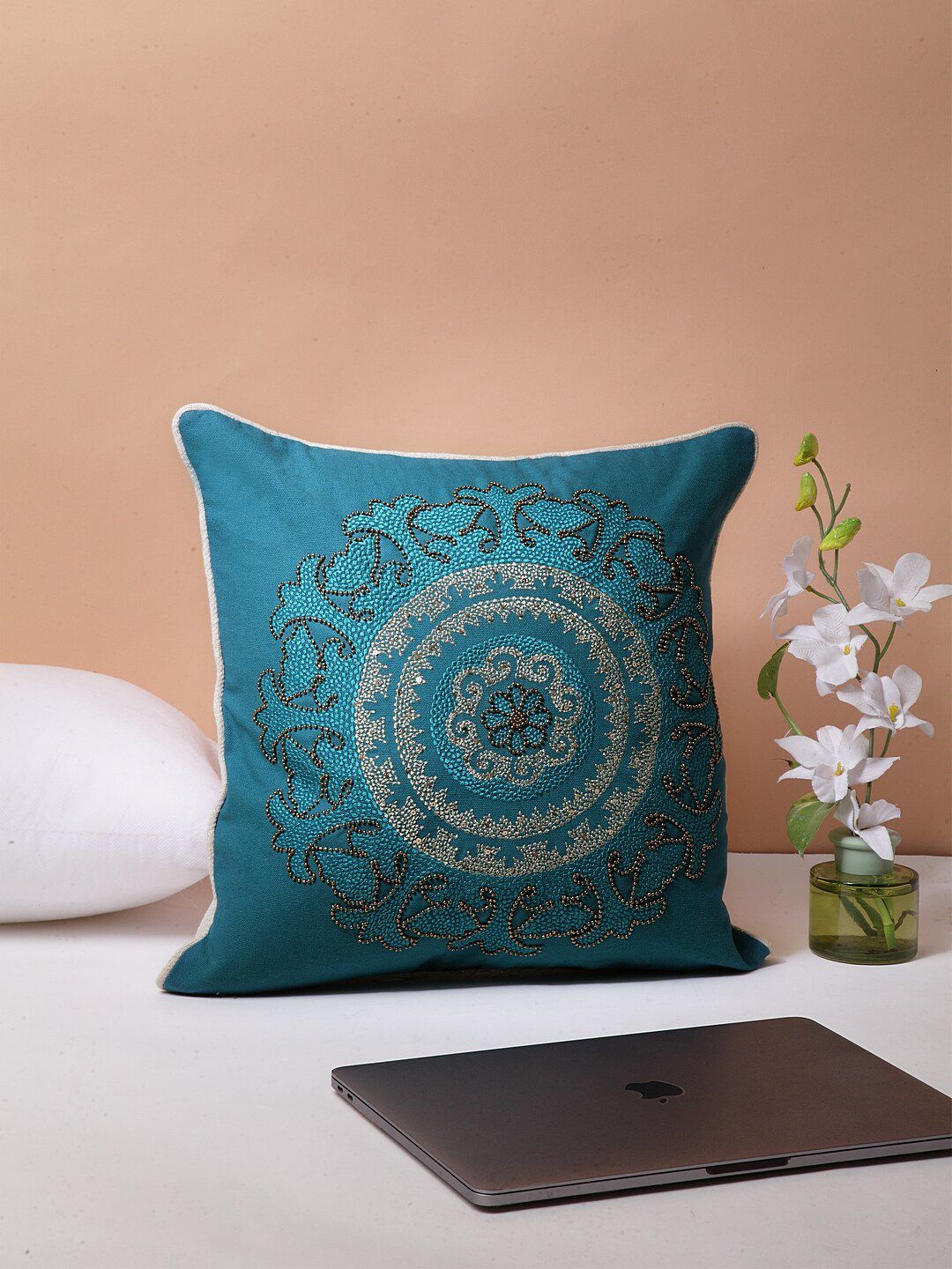BLANC9 Blue & Gold-Toned Set of Single Embellished Square Cushion Cover Price in India