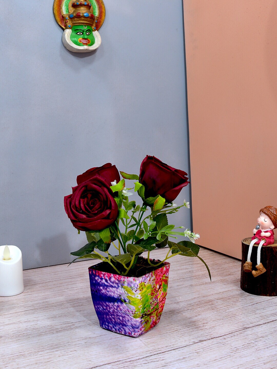 fancy mart Red & Green Artificial Rose Flower in Purple Square Texture Pot Price in India