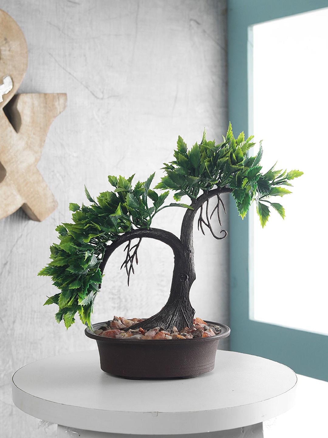 FOLIYAJ Green & Black Artificial Shoe Horn Shaped Bonsai Tree With Pot Price in India