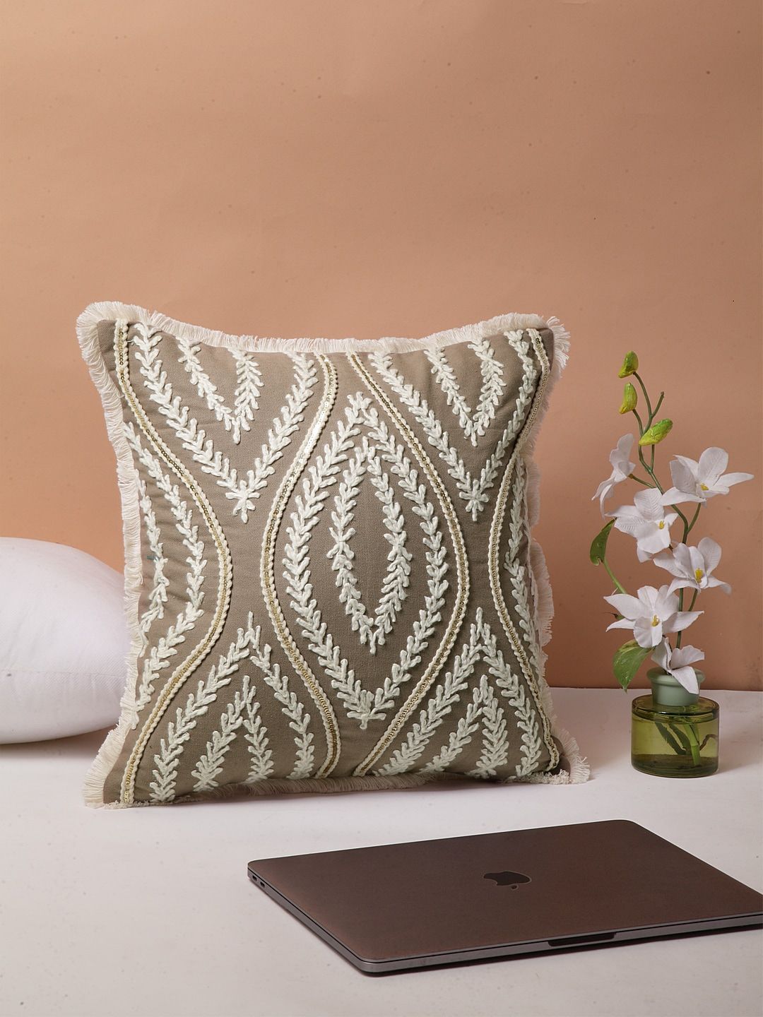 BLANC9 Beige & White Set of Single Embroidered Square Cushion Cover Price in India