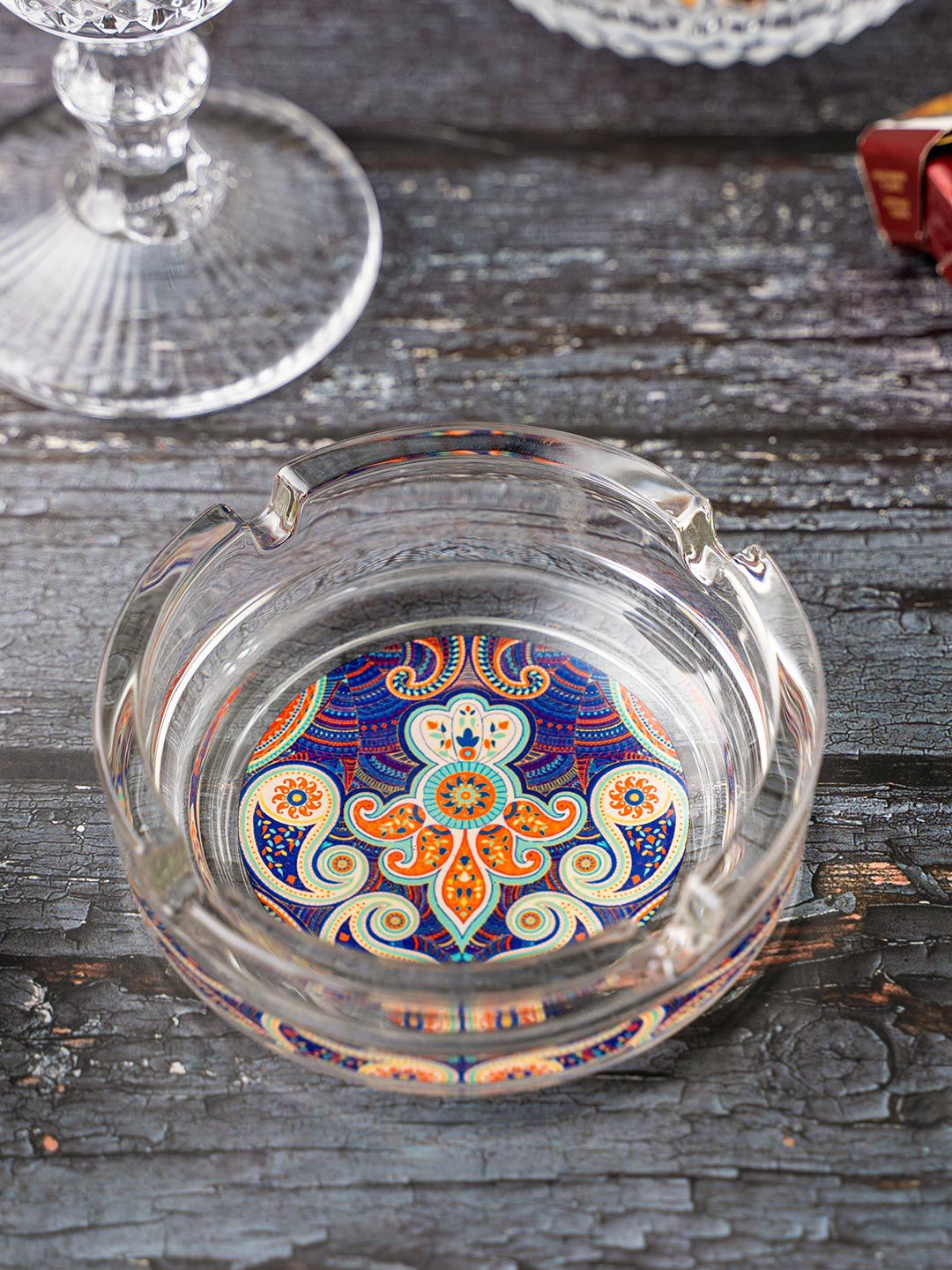 KOLOROBIA Transparent & Blue Majestic Paisley Printed Glass Ashtray Price in India