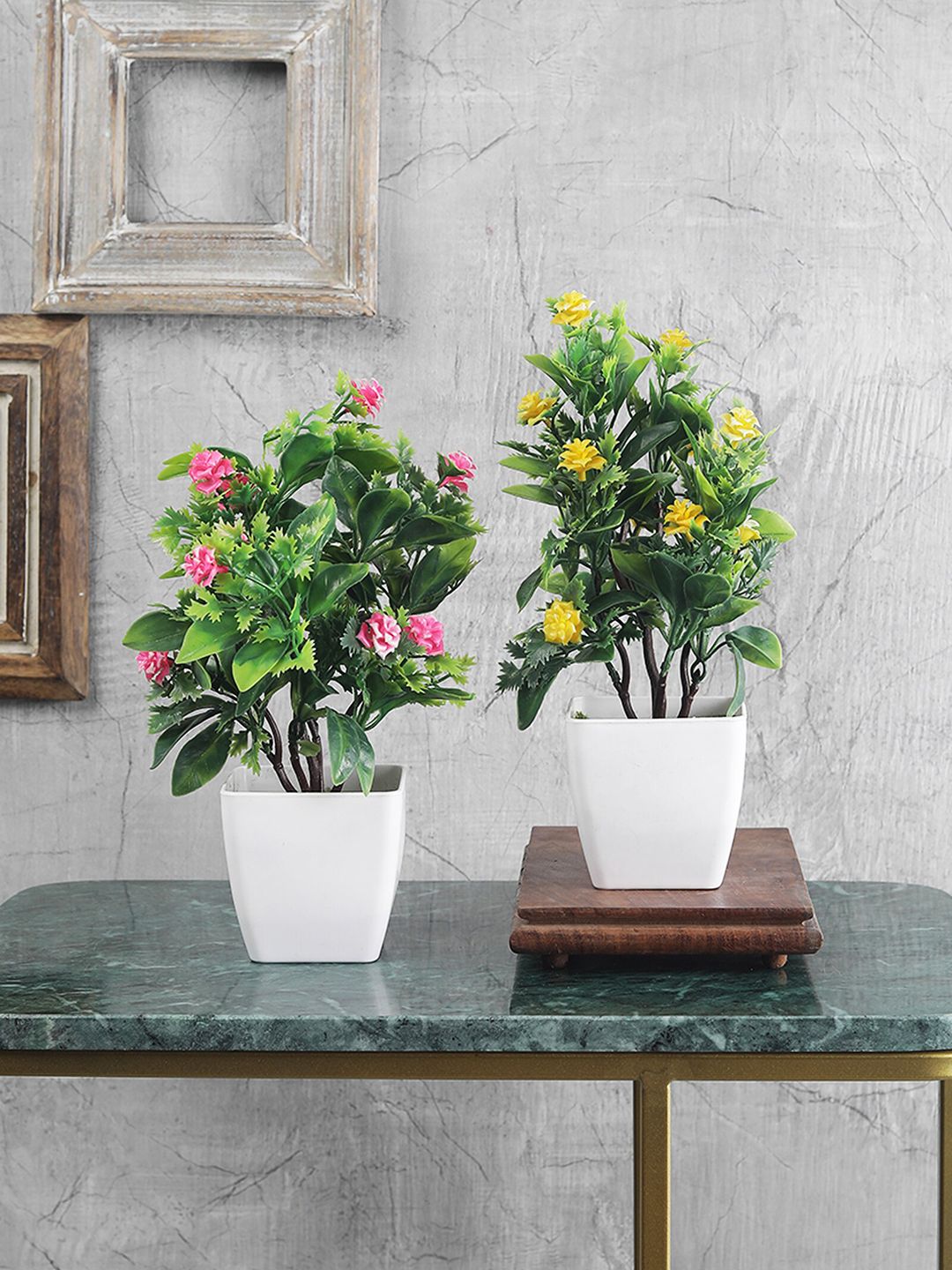 FOLIYAJ Set Of 2 Green & Pink Artificial Bonsai Trees With Roses Price in India