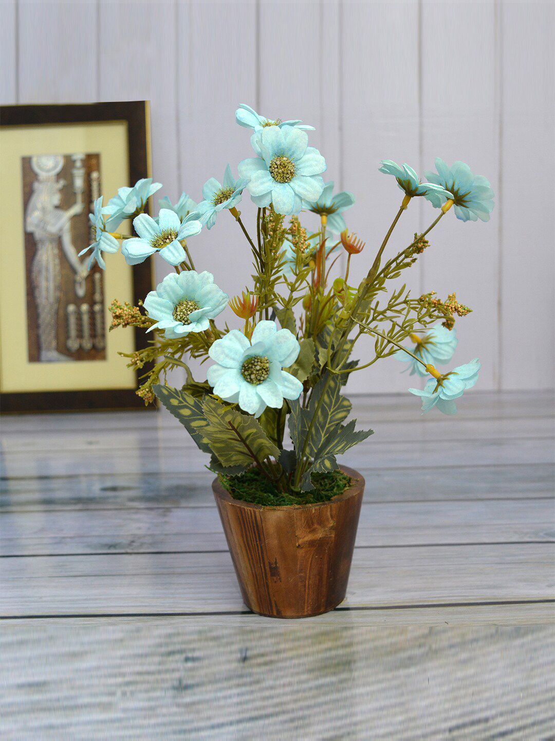 fancy mart Blue & Brown Artificial Flower Daisy Plant In Wood Pot Price in India