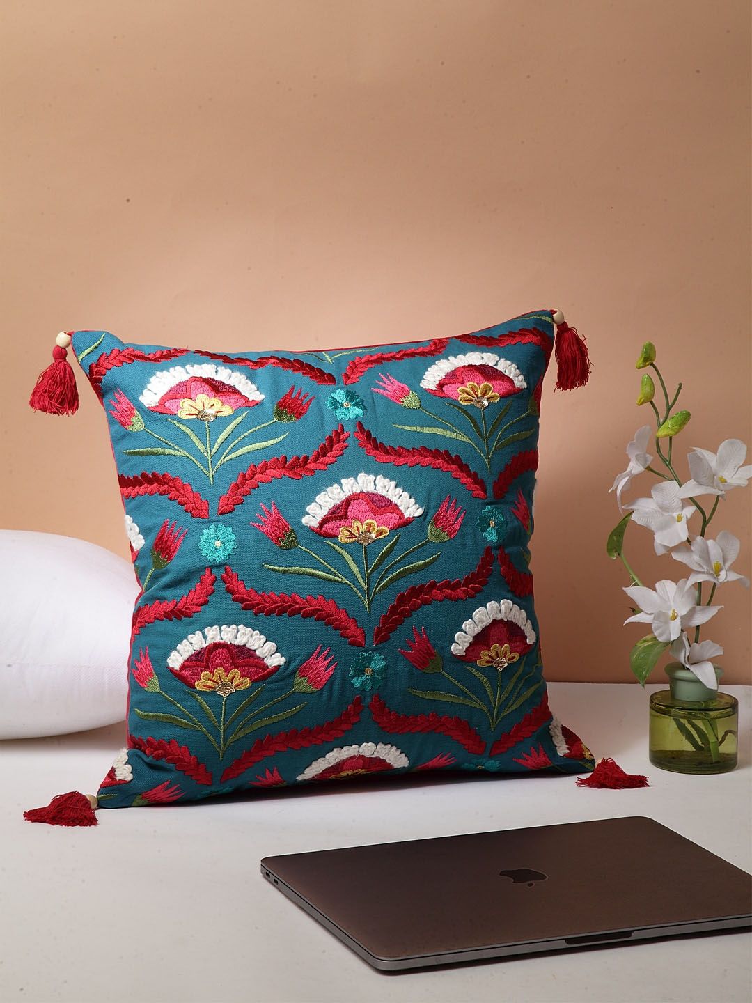 BLANC9 Teal & Maroon Set of Single Embroidered Square Cushion Covers Price in India