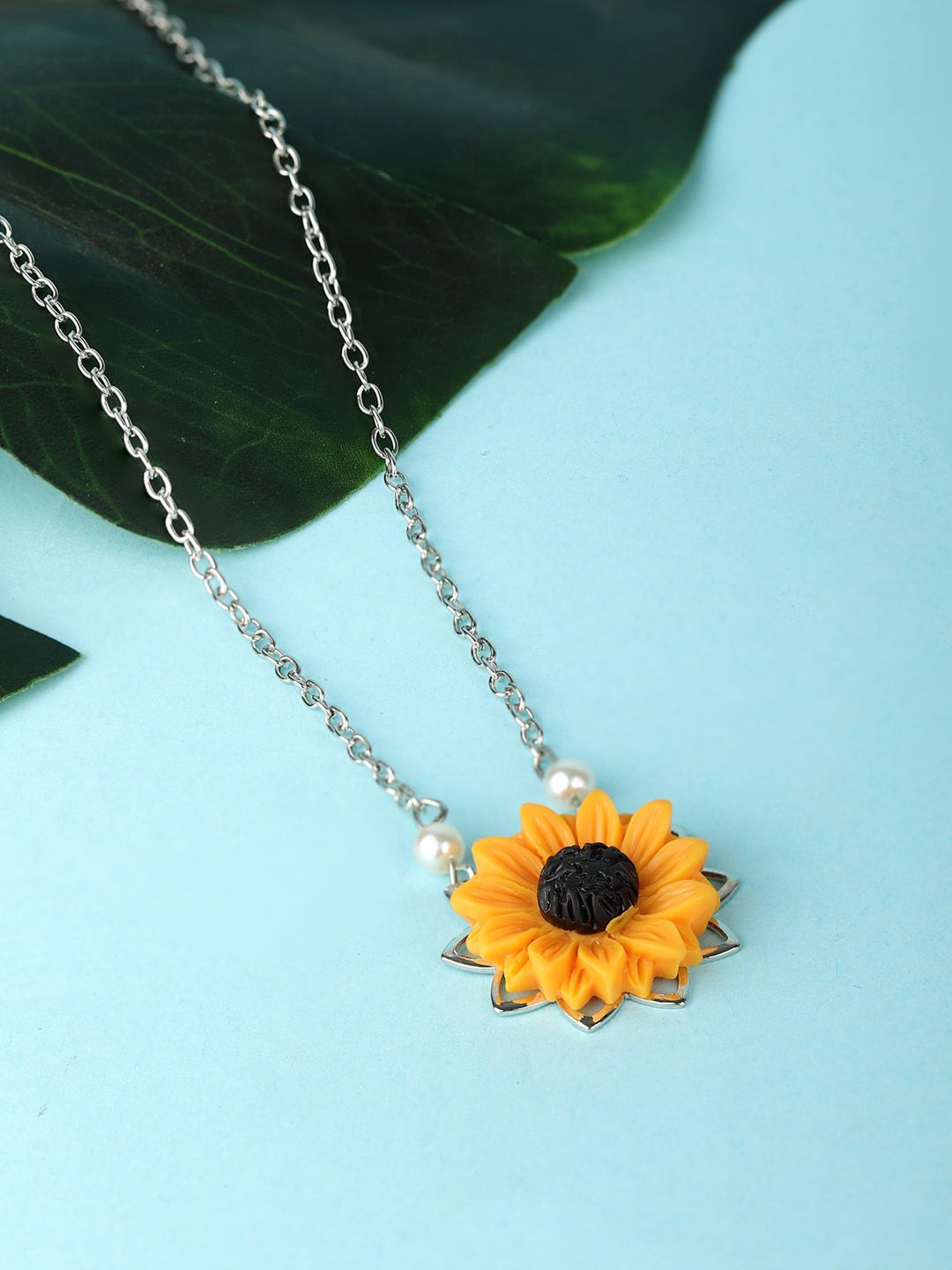 Priyaasi Silver-Plated & Yellow Sunflower Necklace Price in India