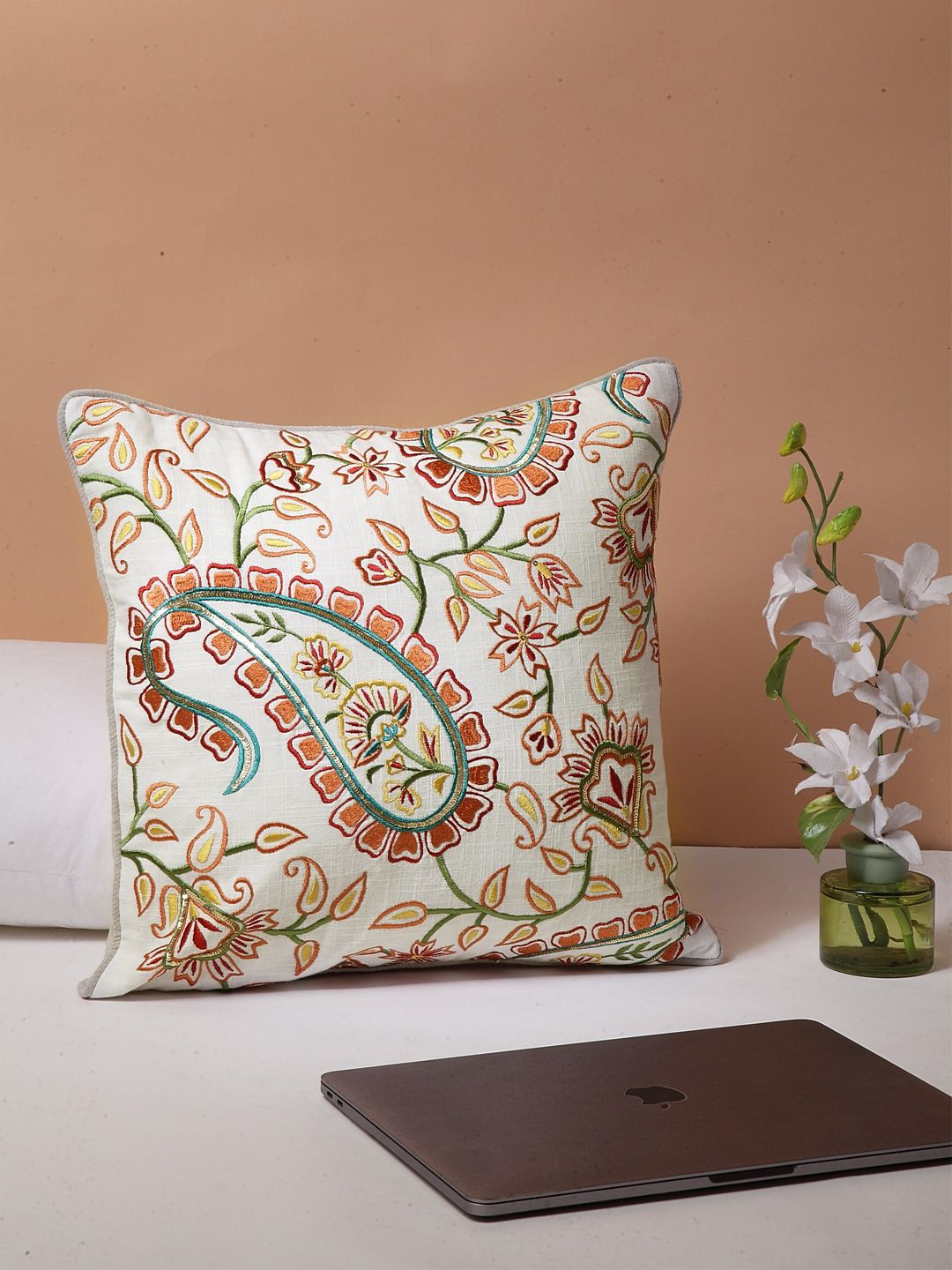 BLANC9 Off-White & Brown Single Embroidered Square Cushion Covers Price in India