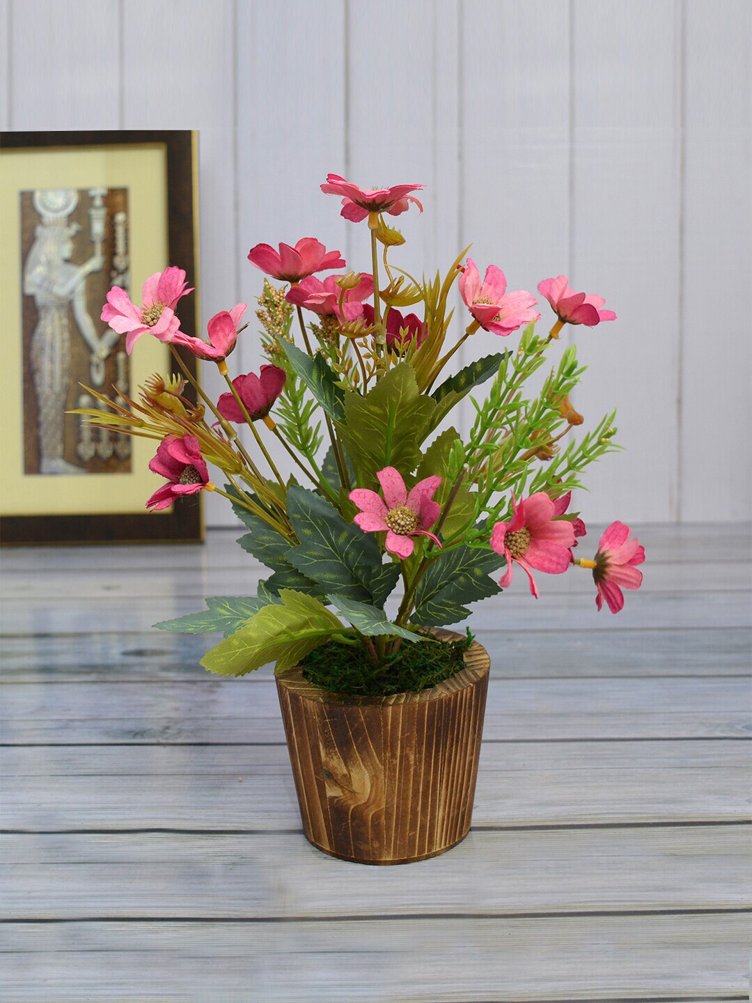 fancy mart Fuchsia Pink & Green Artificial Flower Daisy Plant With Wood Pot Price in India