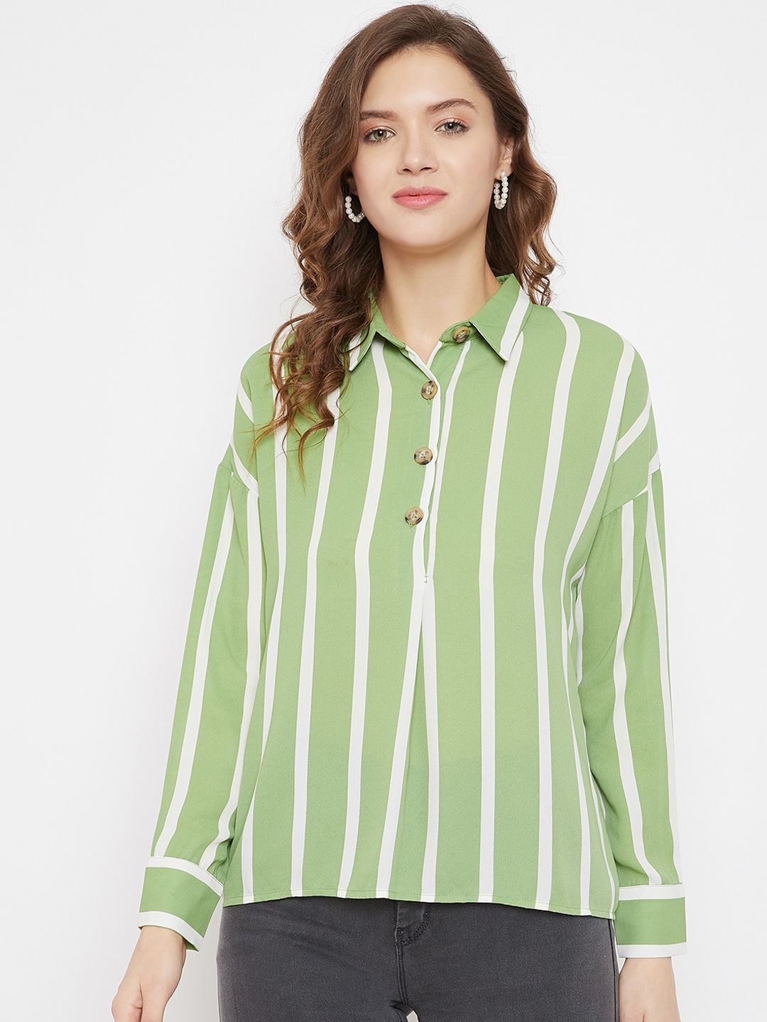 Madame Green & White Striped Shirt Style Top