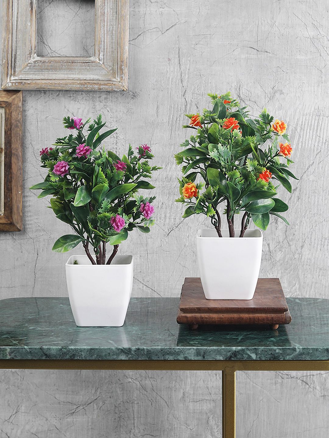 FOLIYAJ Set Of 2 Green & Purple Artificial Bonsai Trees With Pots Price in India