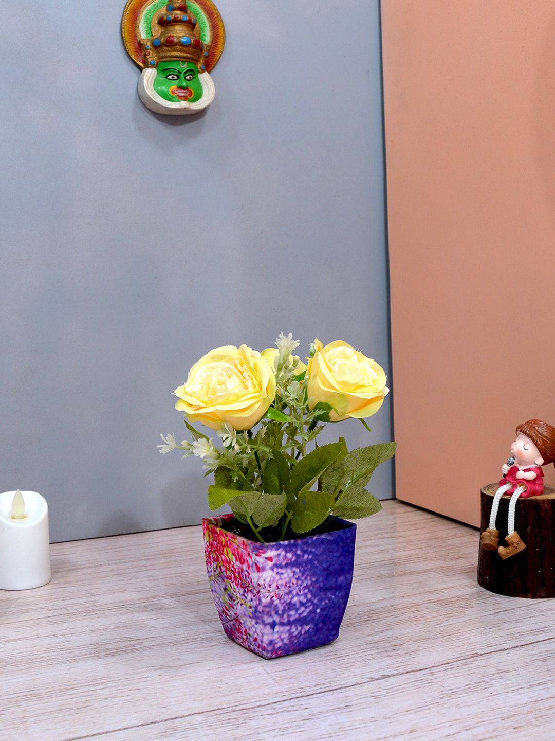 fancy mart Yellow & Green Artificial Rose Flower in Blue Square Texture Pot Price in India