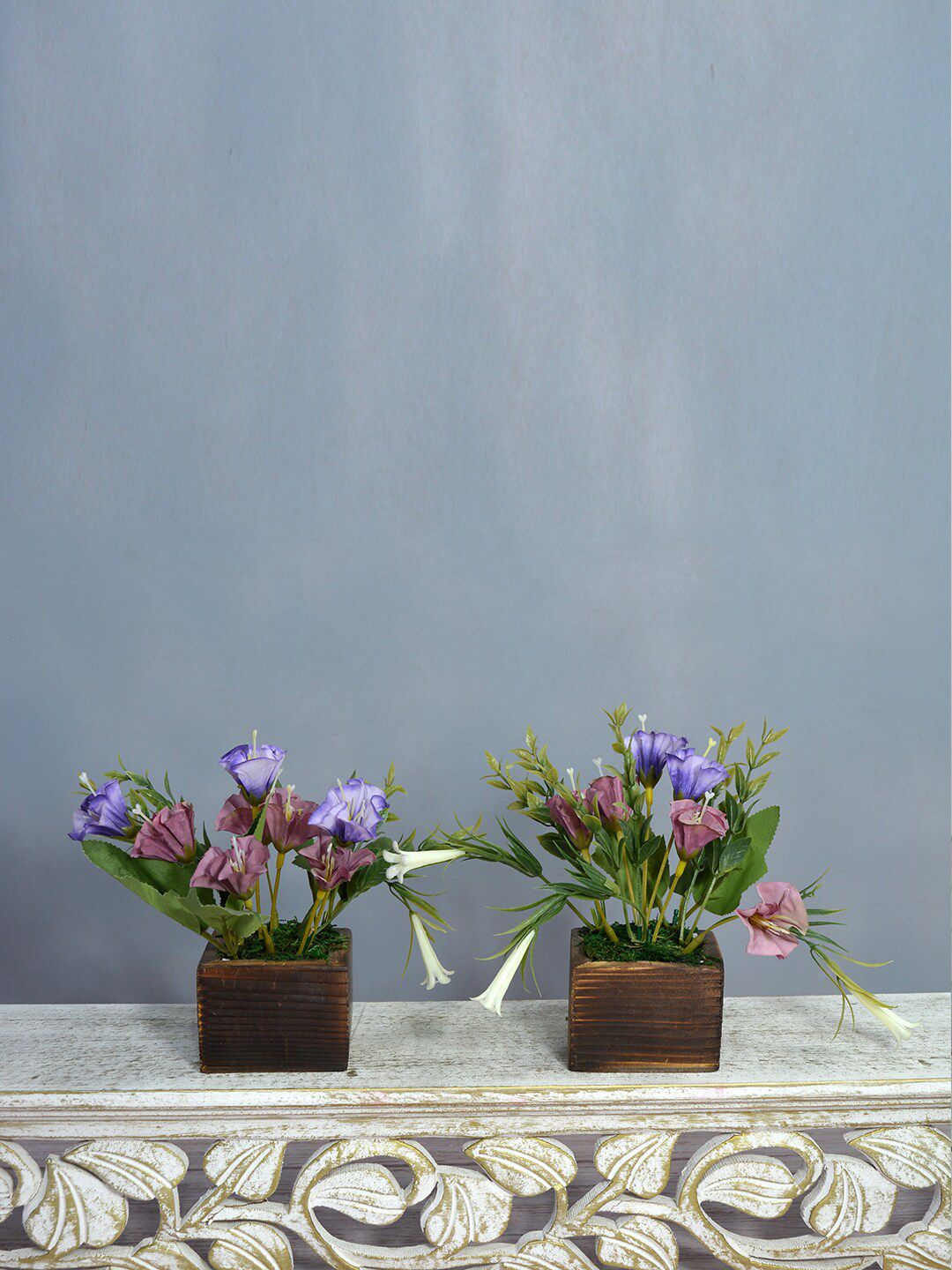 fancy mart Set of 2 Purple & Green Artificial Flower Lilies in Brown Wooden Pot Price in India