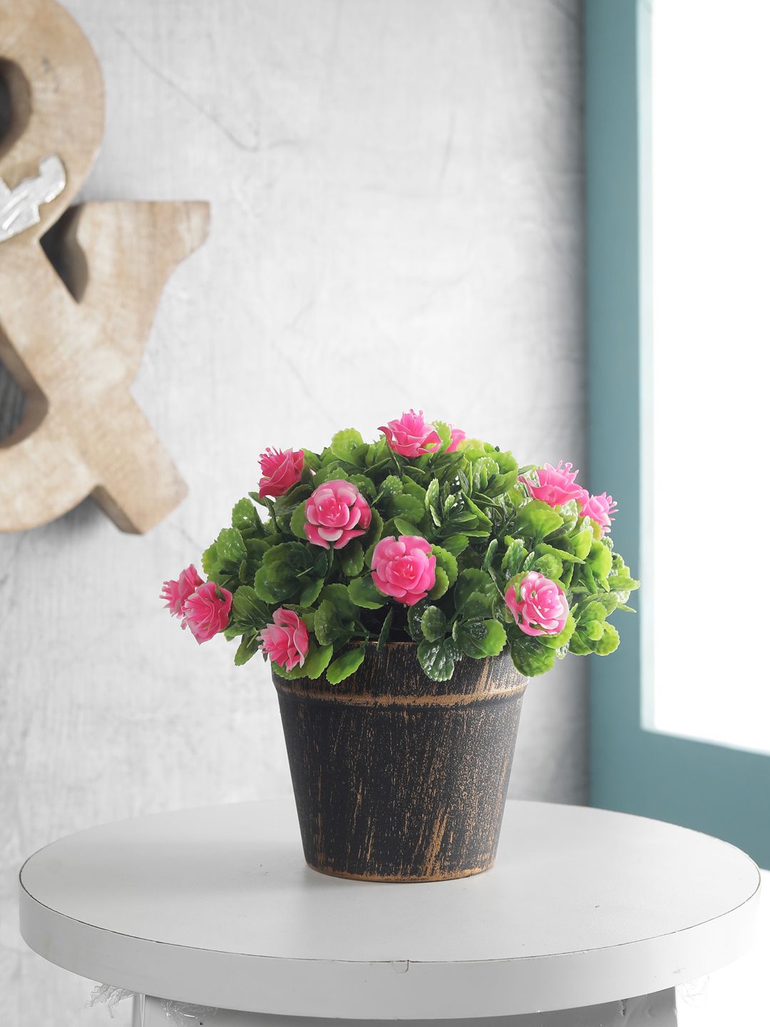 FOLIYAJ Green & Pink Artificial Plant With Brown Antique Finish Pot Price in India