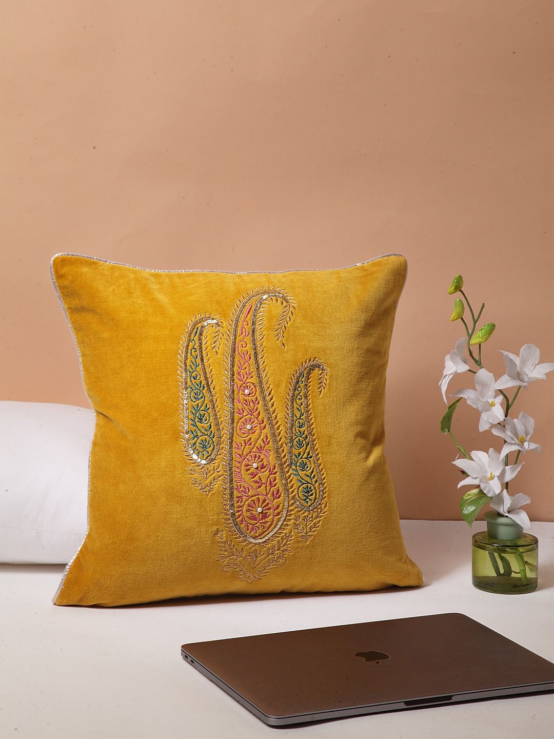 BLANC9 Mustard Yellow & Green Single Embroidered Square Cushion Covers Price in India