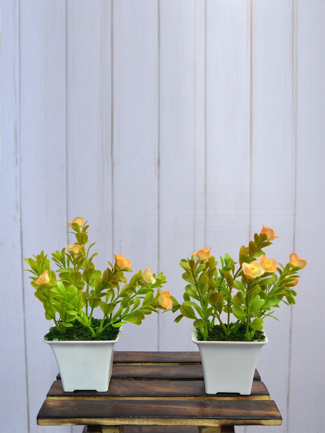 fancy mart Set Of 2 Green & Orange Artificial Rose Flower Plants In Gamla Pots Price in India