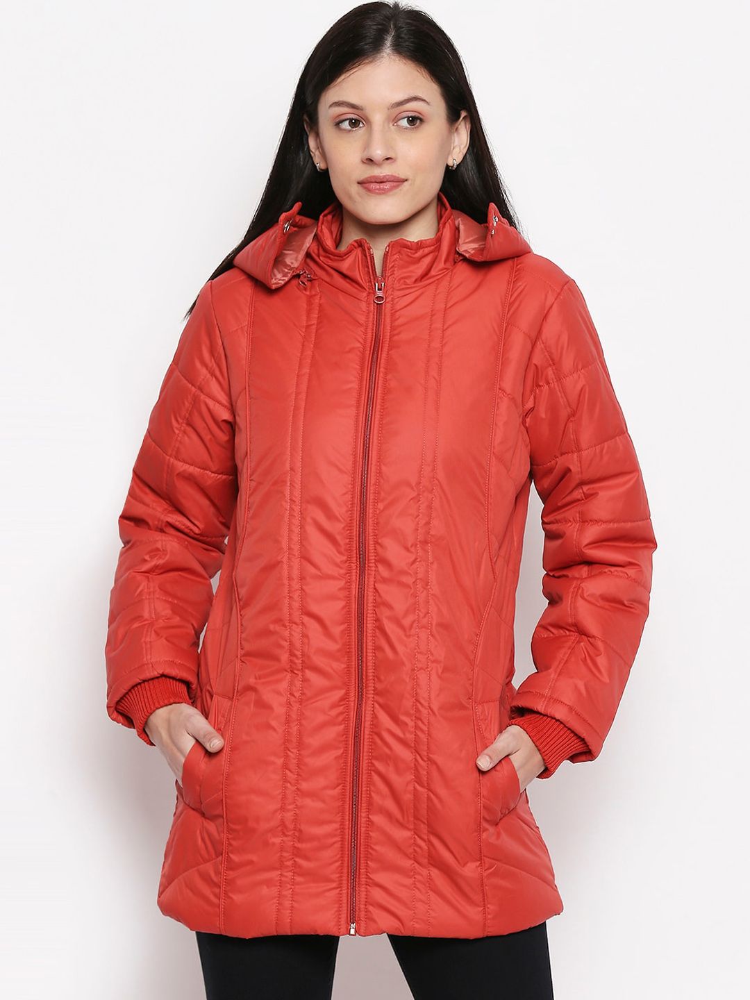 People Women Red Solid Hooded Parka Price in India