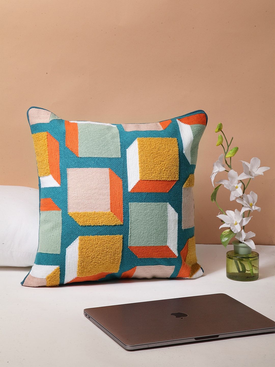 BLANC9 Blue & Yellow Single Geometric Square Cushion Covers Price in India