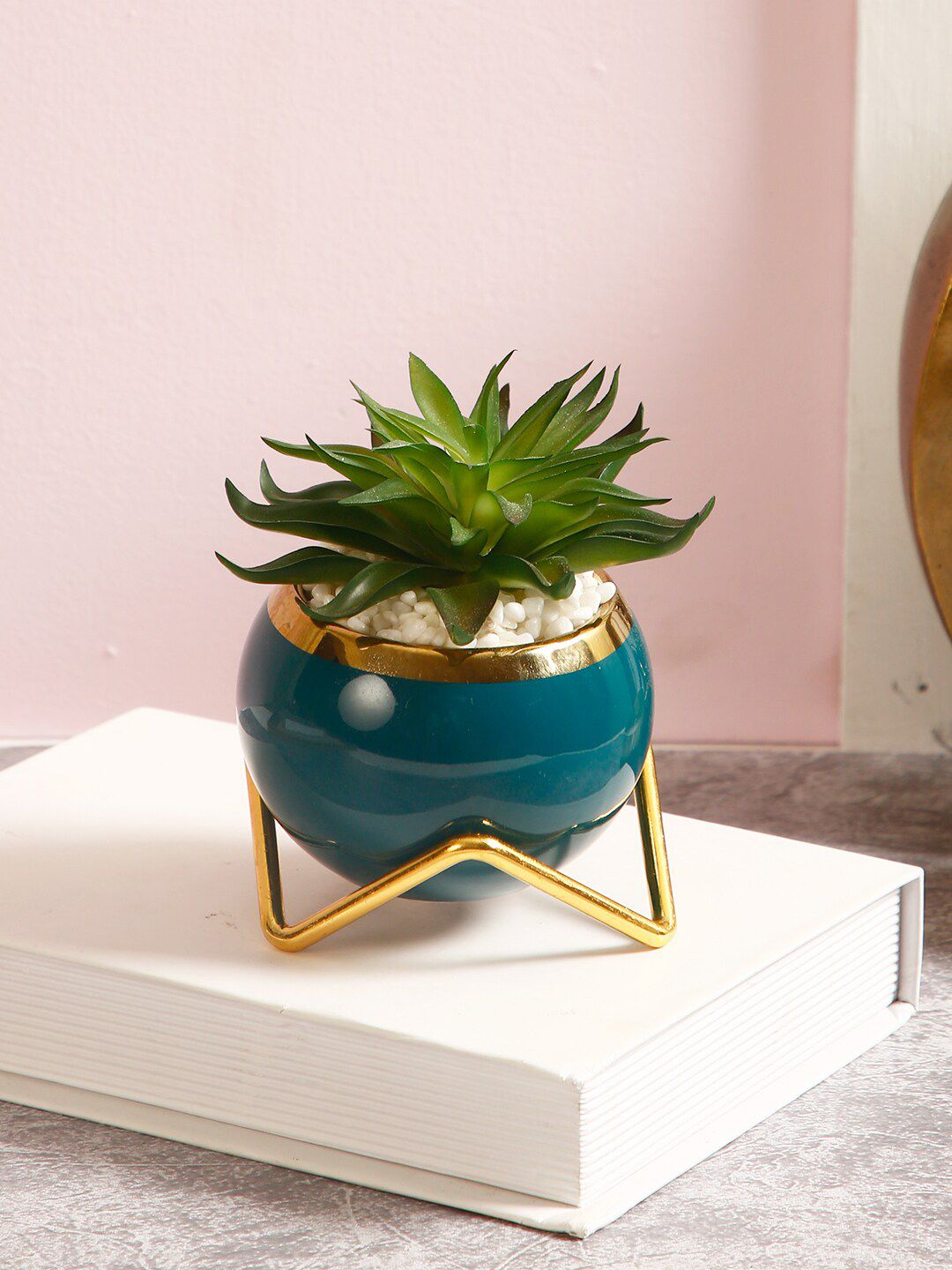 TAYHAA Green & Blue Artificial Plant With Pot & Metallic Stand Price in India