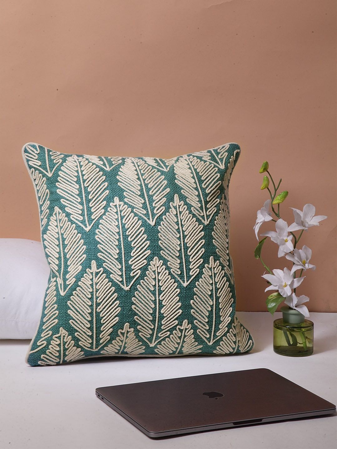 BLANC9 Sea Green & White Single Embroidered Square Cushion Covers Price in India